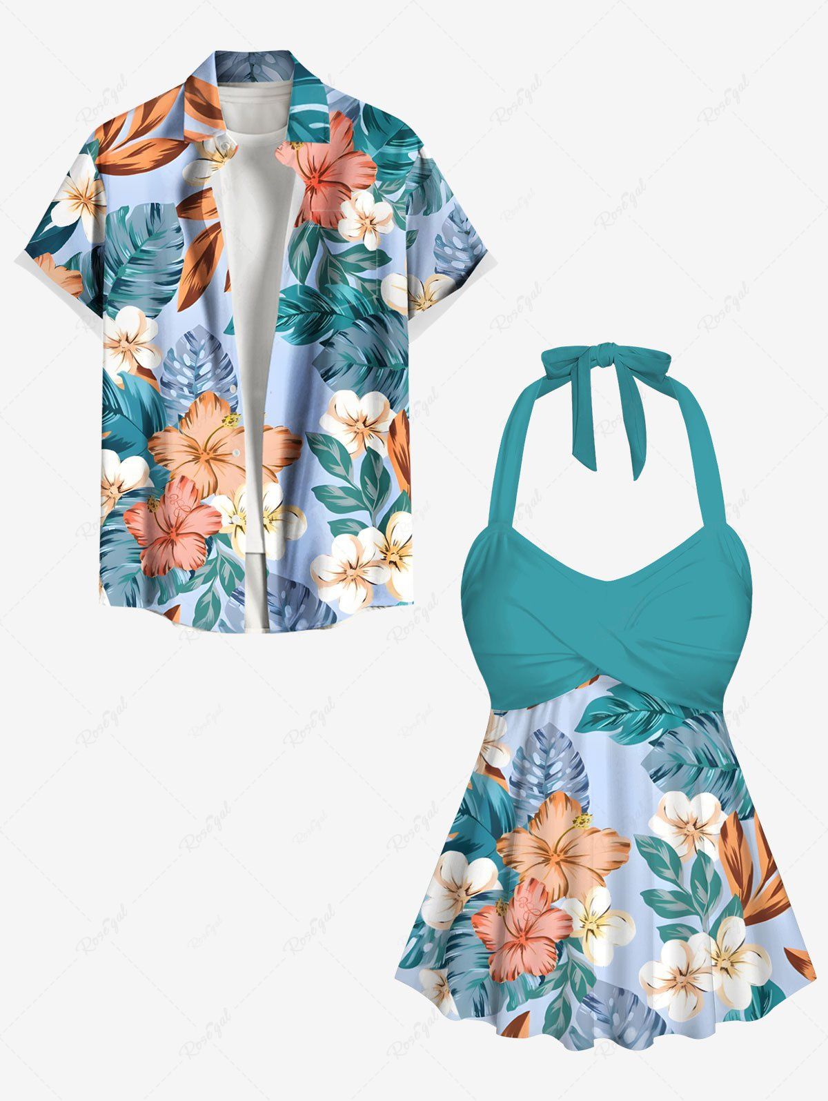 Maillot de bain imprimé feuilles tropicales et fleurs d'hibiscus, grande taille, tenue de plage hawaïenne assortie pour couples Vert 