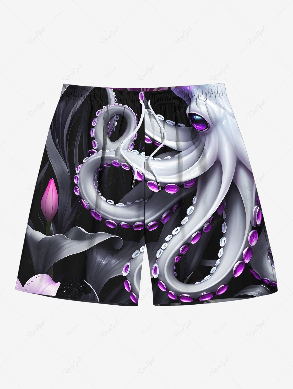 Shop Plus Size Octopus Tropical Leaf Print Hawaii Drawstring Beach Shorts For Men  