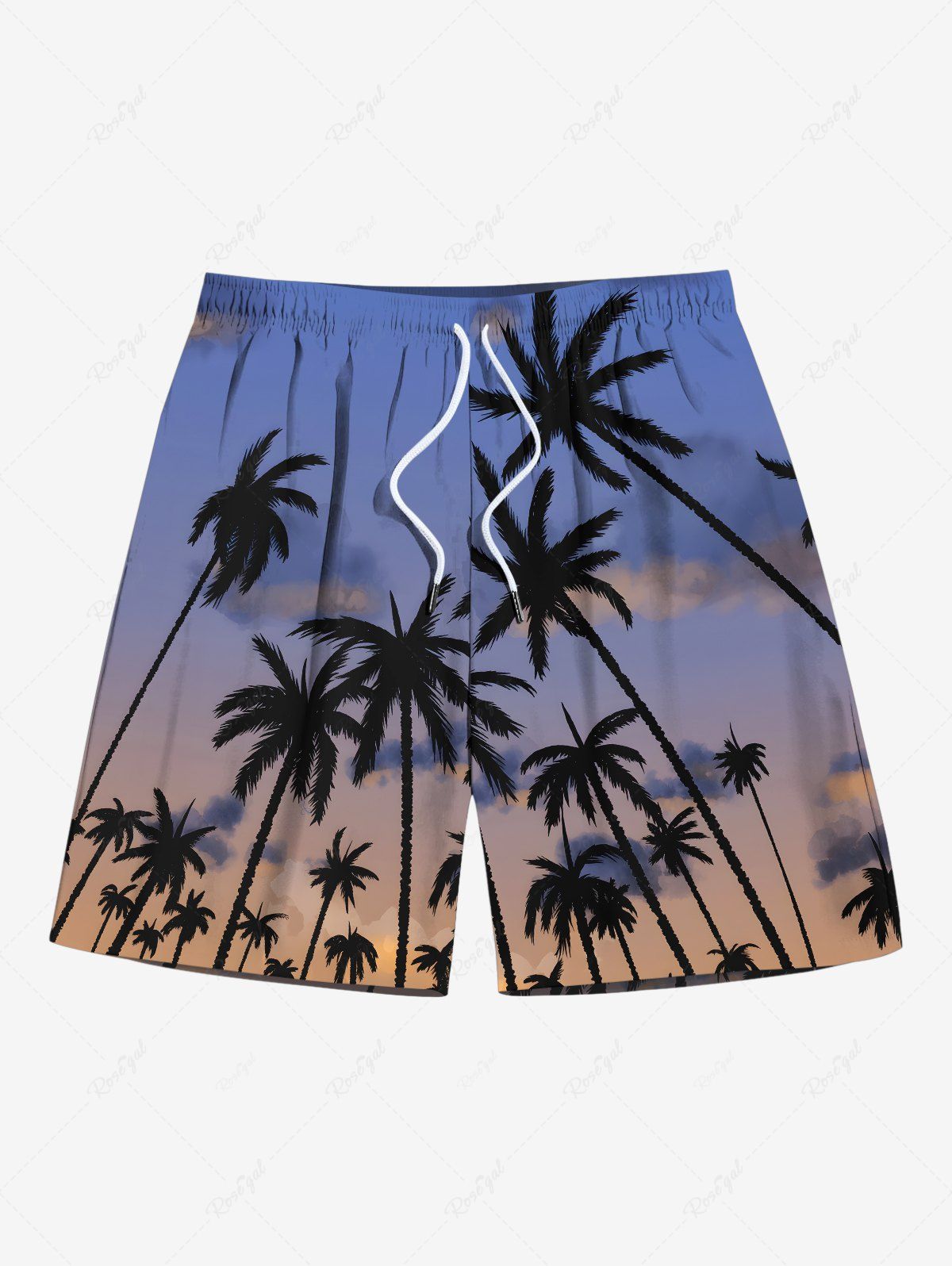 Sale Plus Size Coconut Tree Ombre Sky Print Hawaii Drawstring Beach Shorts For Men  