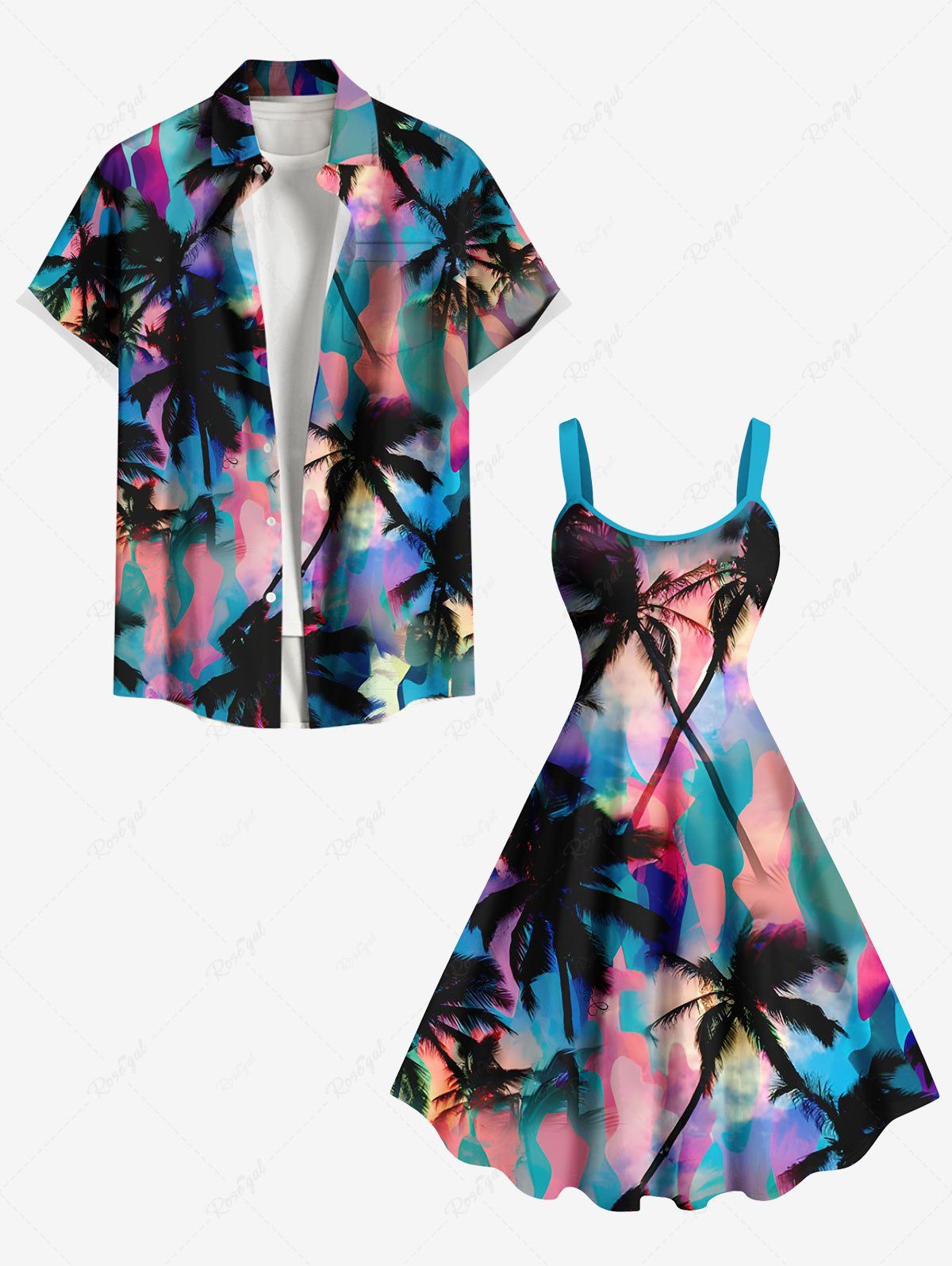 Unique Coconut Tree Colorful Ombre Colorblock Print Plus Size Matching Hawaii Beach Outfit For Couples  