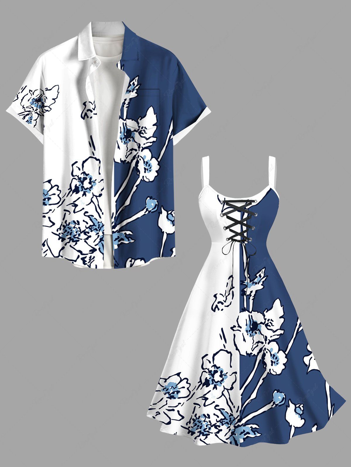 Best Floral Butterfly Colorblock Print Plus Size Matching Hawaii Beach Outfit For Couples  