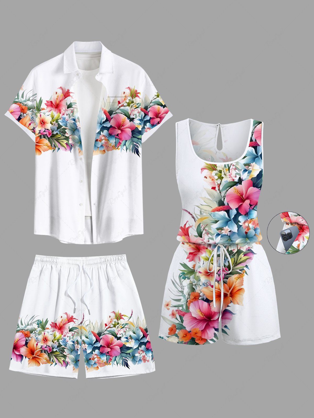 Discount Matching Hawaii Shirt and Romper Plus Size Beach Outfit Tropical Leaf Hibiscus Printed for Couples  