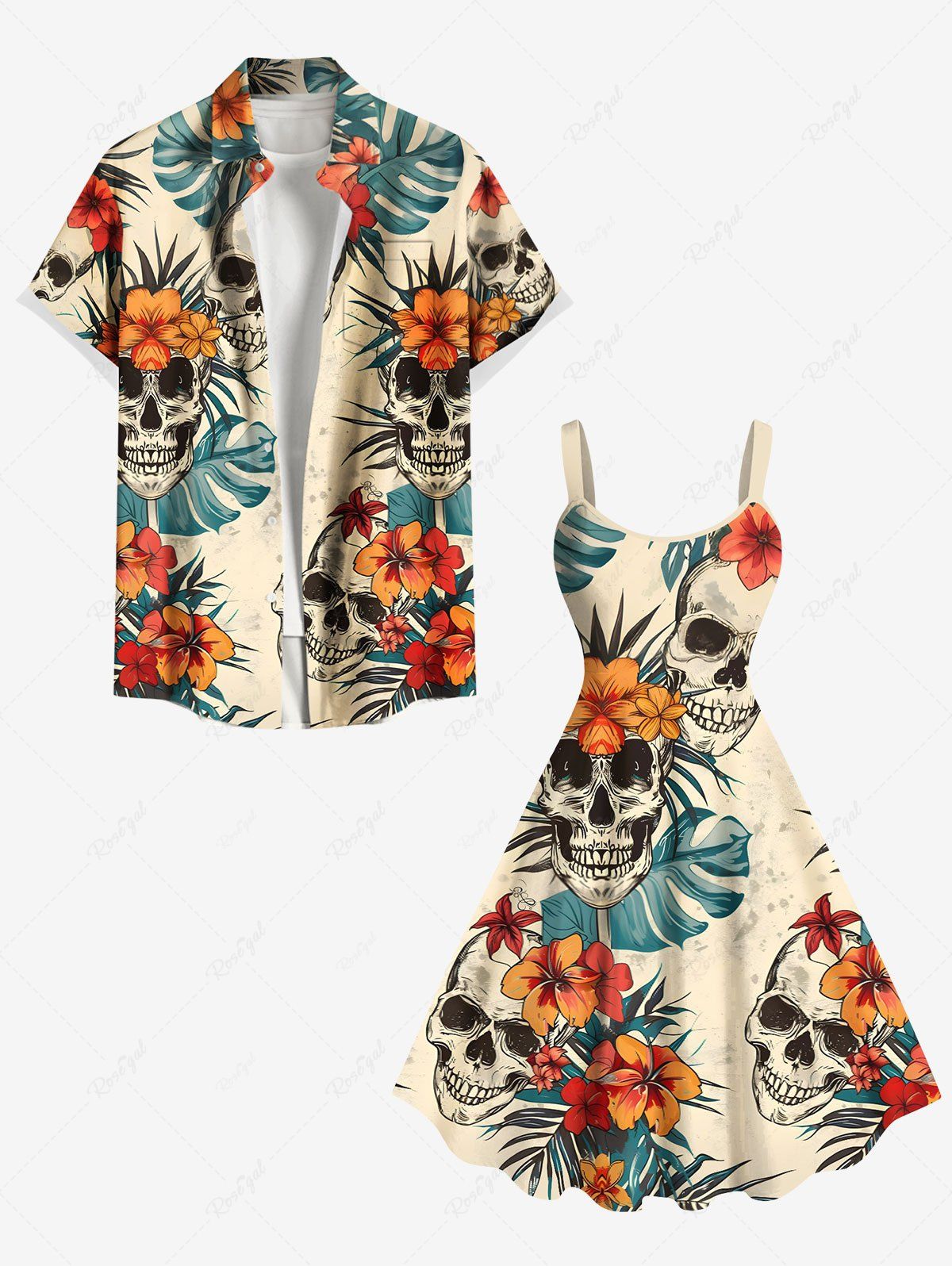 Chic Skulls Tropical Leaf Hibiscus Flowers Print Plus Size Matching Hawaii Beach Outfit For Couples  