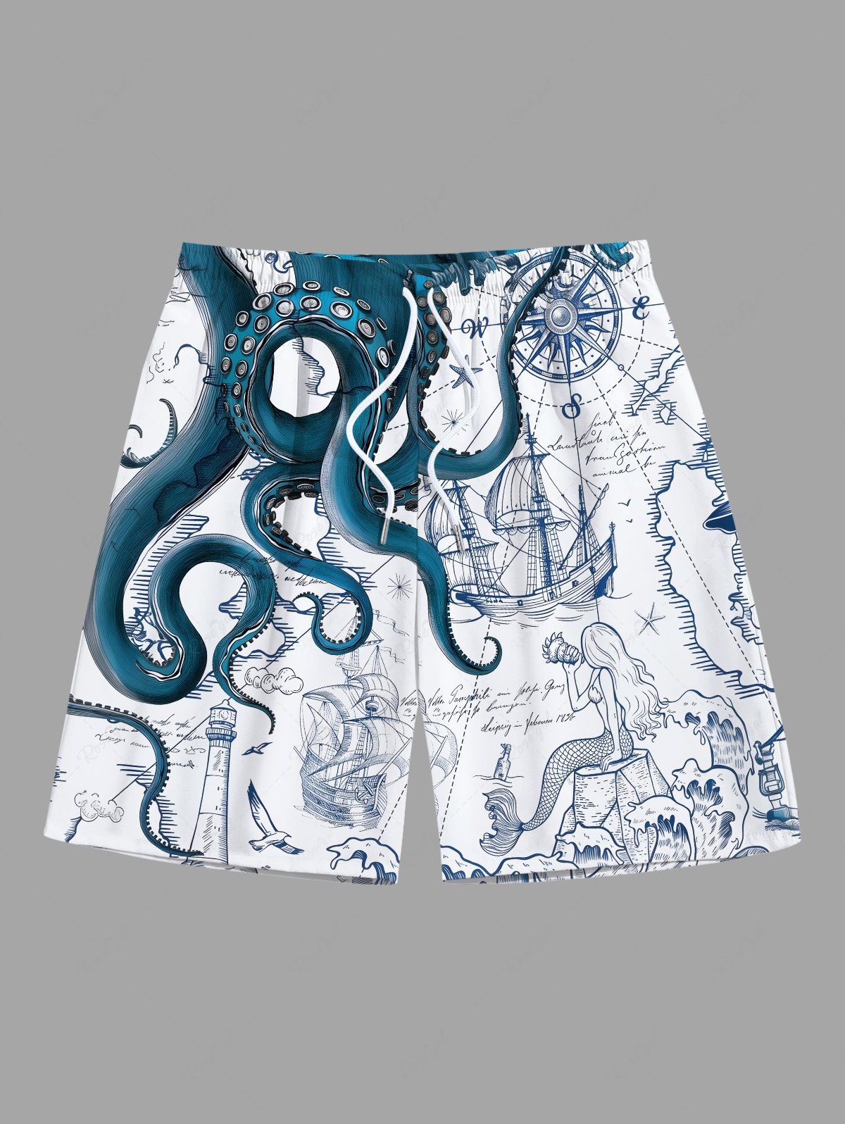 Fancy Plus Size Octopus Ship Rudder Mermaid Cruise Print Hawaii Beach Shorts For Men  