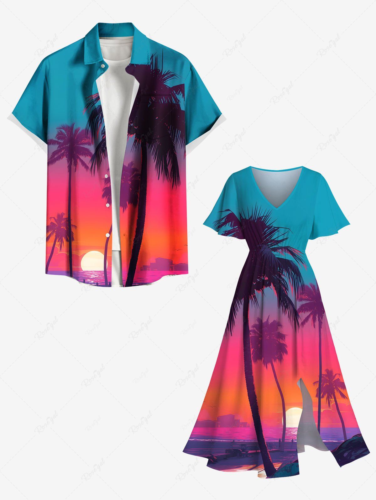 Tenue de plage hawaïenne assortie grande taille à imprimé cocotier, soleil et ciel ombré, pour couples Rouge 