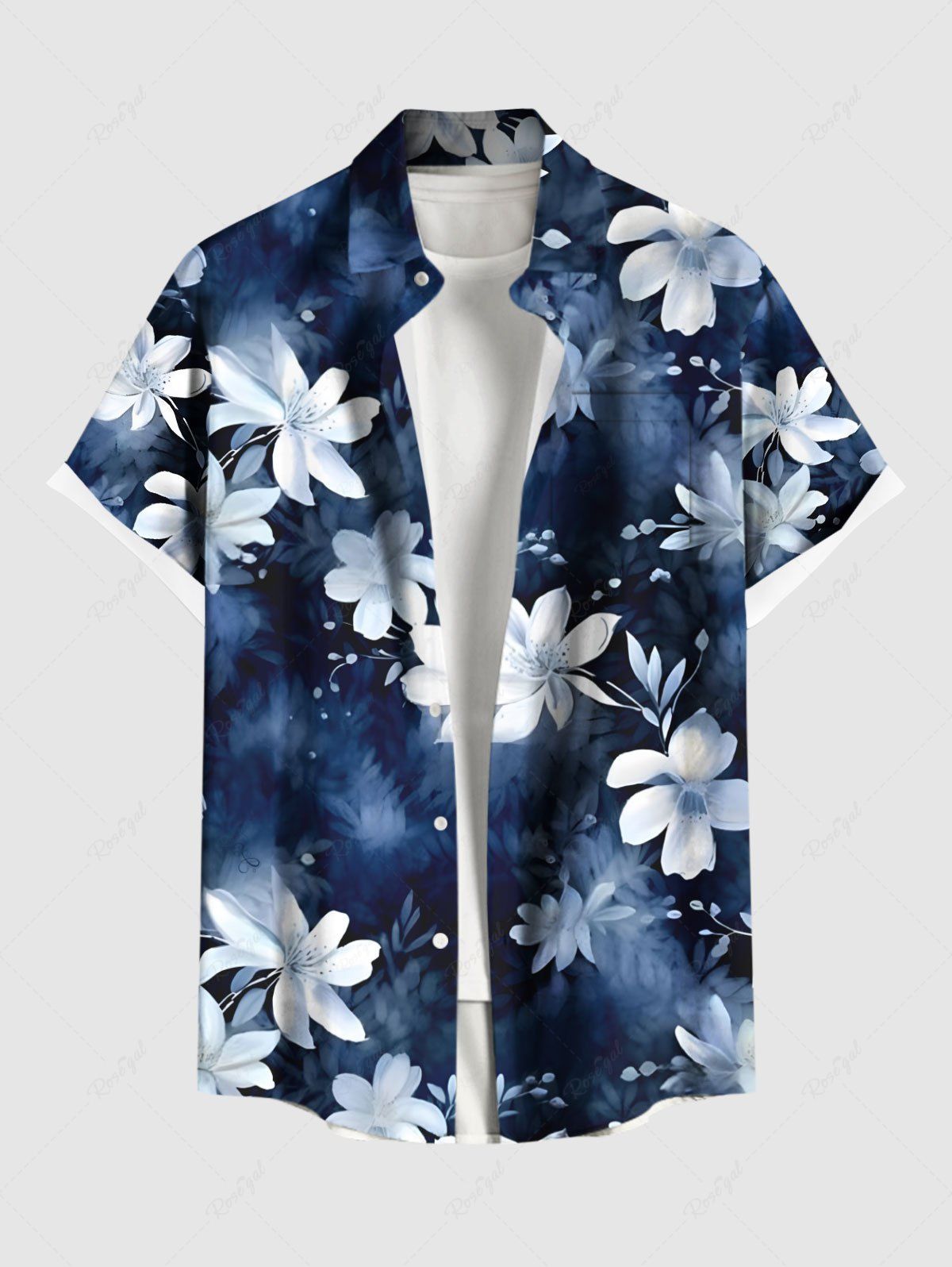 Outfit Plus Size Flower Ombre Print Hawaii Button Pocket Shirt For Men  
