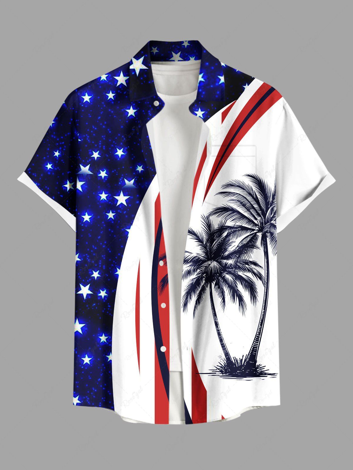 Cheap Plus Size Coconut Tree Patriotic American Flag Curve Print Hawaii Button Pocket Shirt For Men  