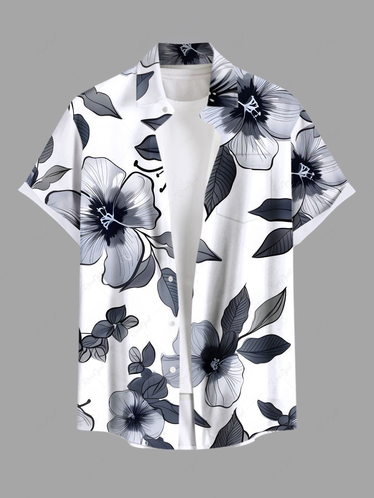 Chemise hawaïenne grande taille à imprimé fleurs d'hibiscus, feuilles et branches, avec poches boutonnées, pour homme Blanc 5XL