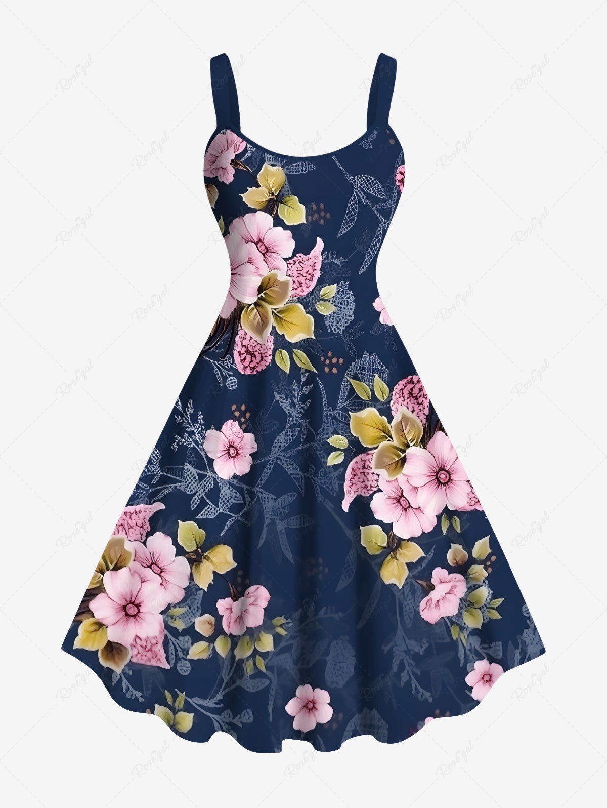 Online Plus Size Ombre Floral Leaves Branch Print Hawaii A Line Tank Dress  