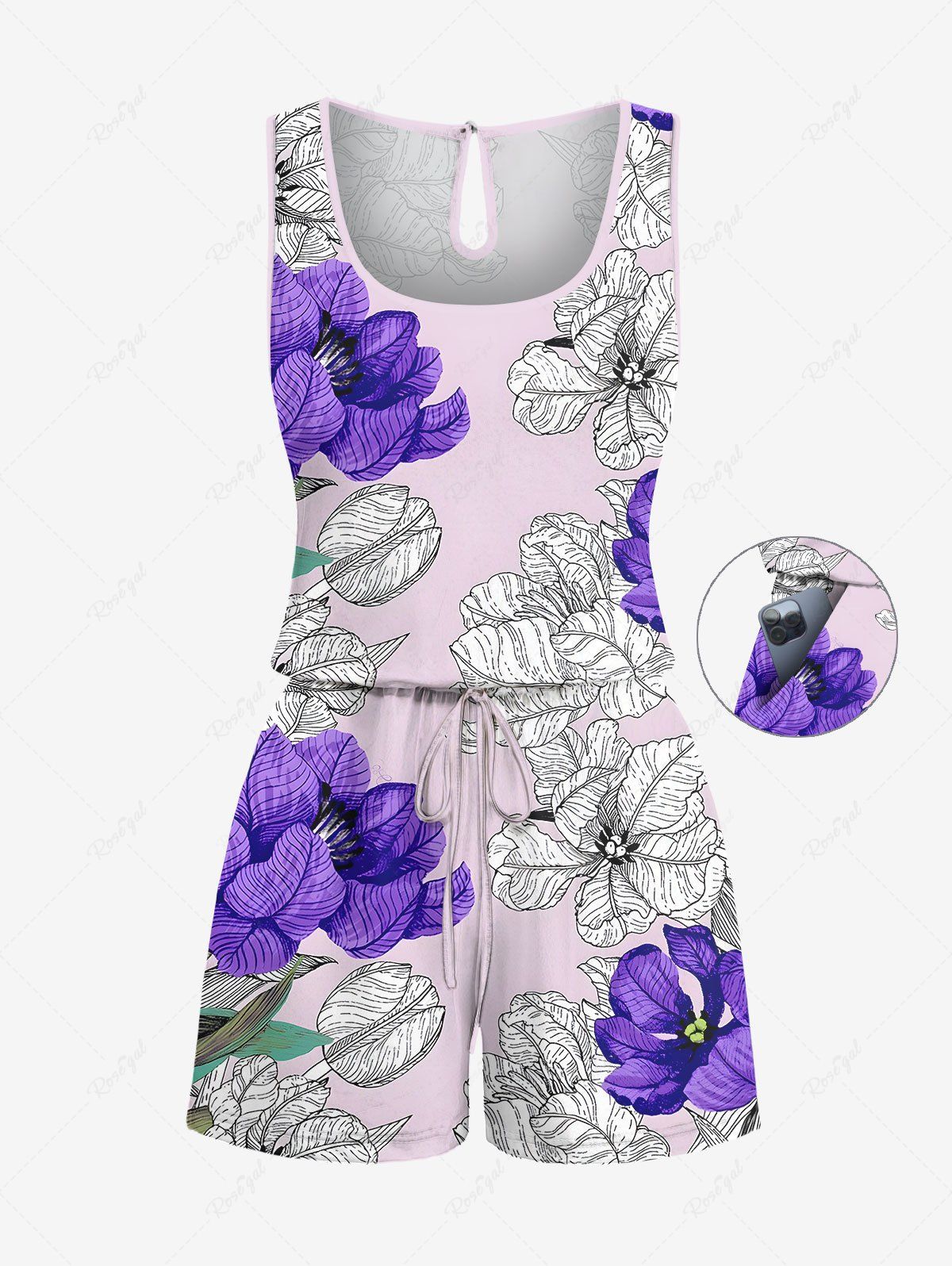 Combinaison hawaïenne bicolore à imprimé floral et cordon de serrage avec poches, grande taille Violet clair M