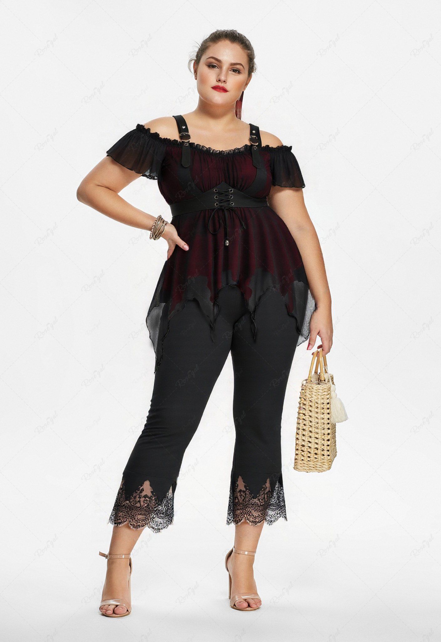 Sale Lace Up Mesh Cold Shoulder Asymmetrical Blouse and Scalloped Tassel Flare Pants Plus Size Outfit  