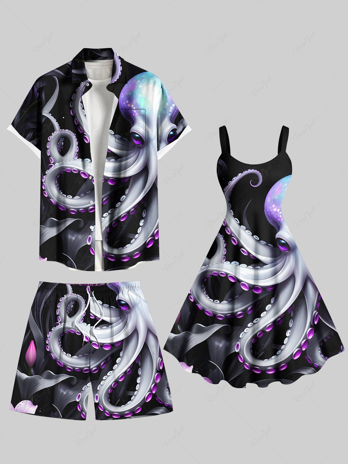 Cheap Octopus Tropical Leaf Print Plus Size Matching Hawaii Beach Outfit For Couples  