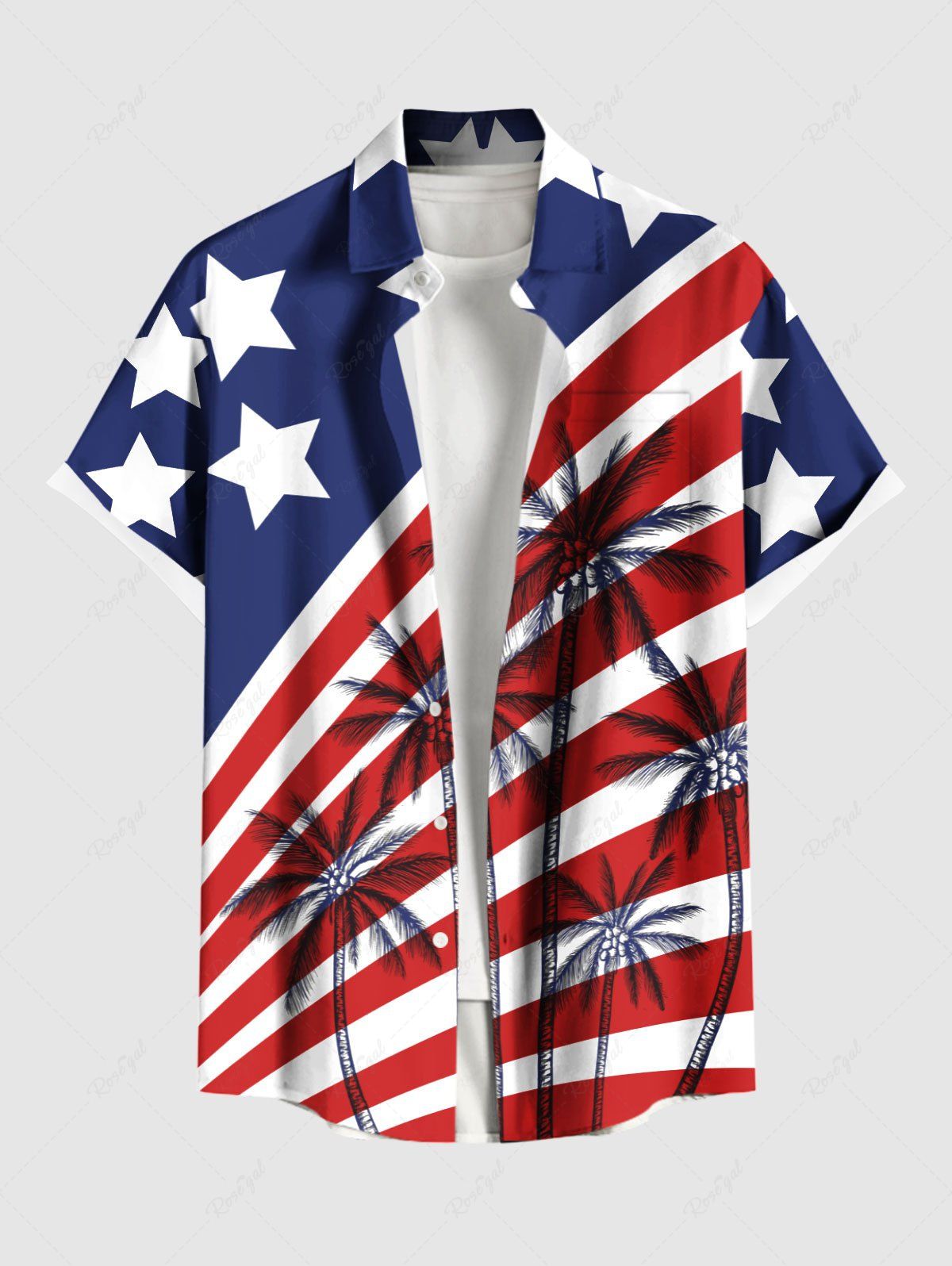 Online Plus Size Patriotic American Flag Coconut Tree Print Buttons Pocket Shirt For Men  