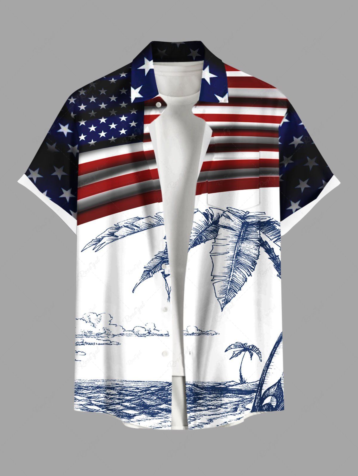 Shop Plus Size Patriotic American Flag Tropical Leaf Coconut Tree Print Buttons Pocket Hawaii Shirt For Men  