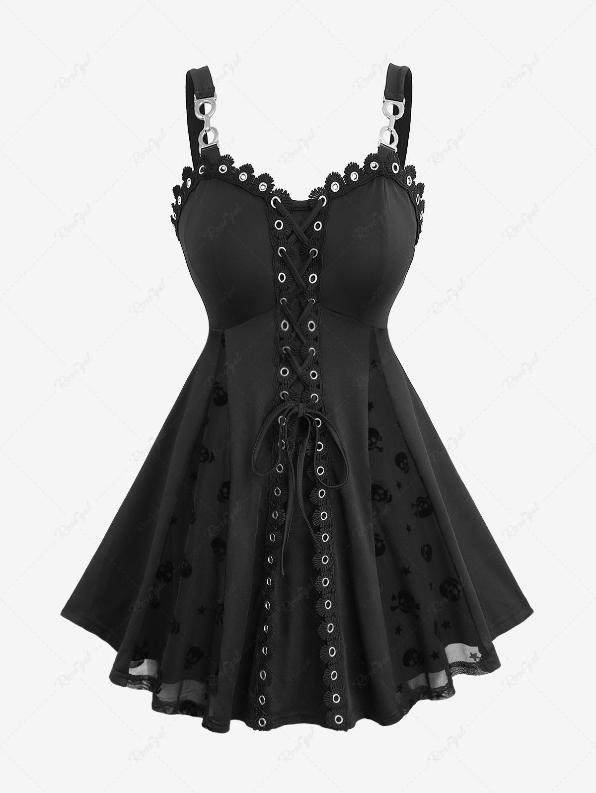 Affordable Plus Size Floral Mesh Jacquard Embroidery Patchwork Lace Up Grommet Trim Backless Tank Top  