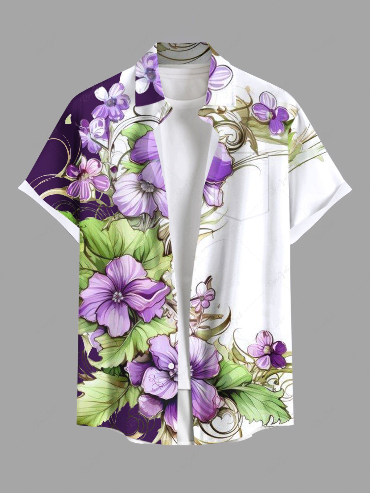 Hot Plus Size Tropical Leaf Hibiscus Flowers Colorblock Print Buttons Pocket Hawaii Shirt For Men  