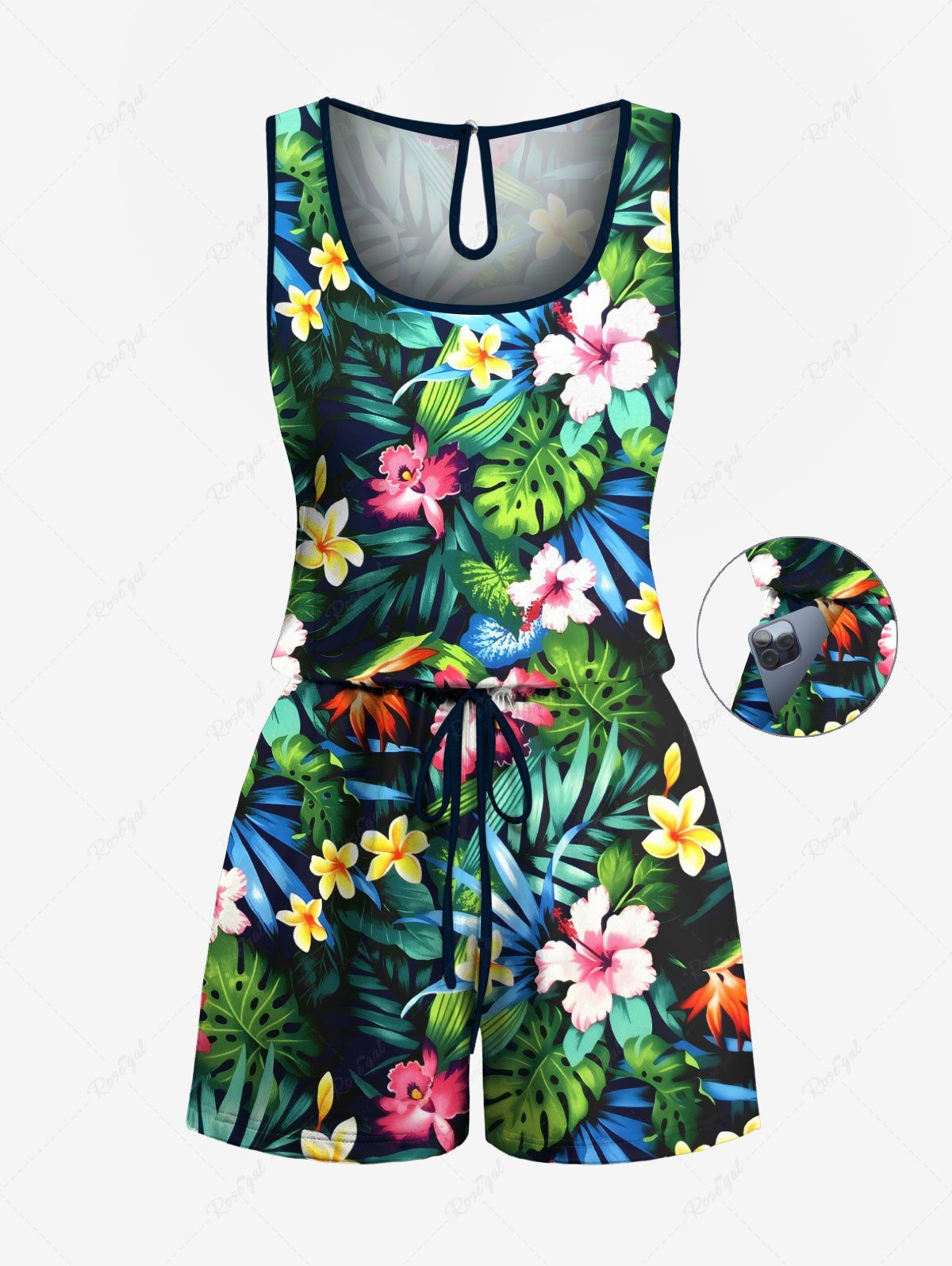 Combinaison hawaïenne grande taille à imprimé feuilles tropicales et fleurs d'hibiscus Noir 3X