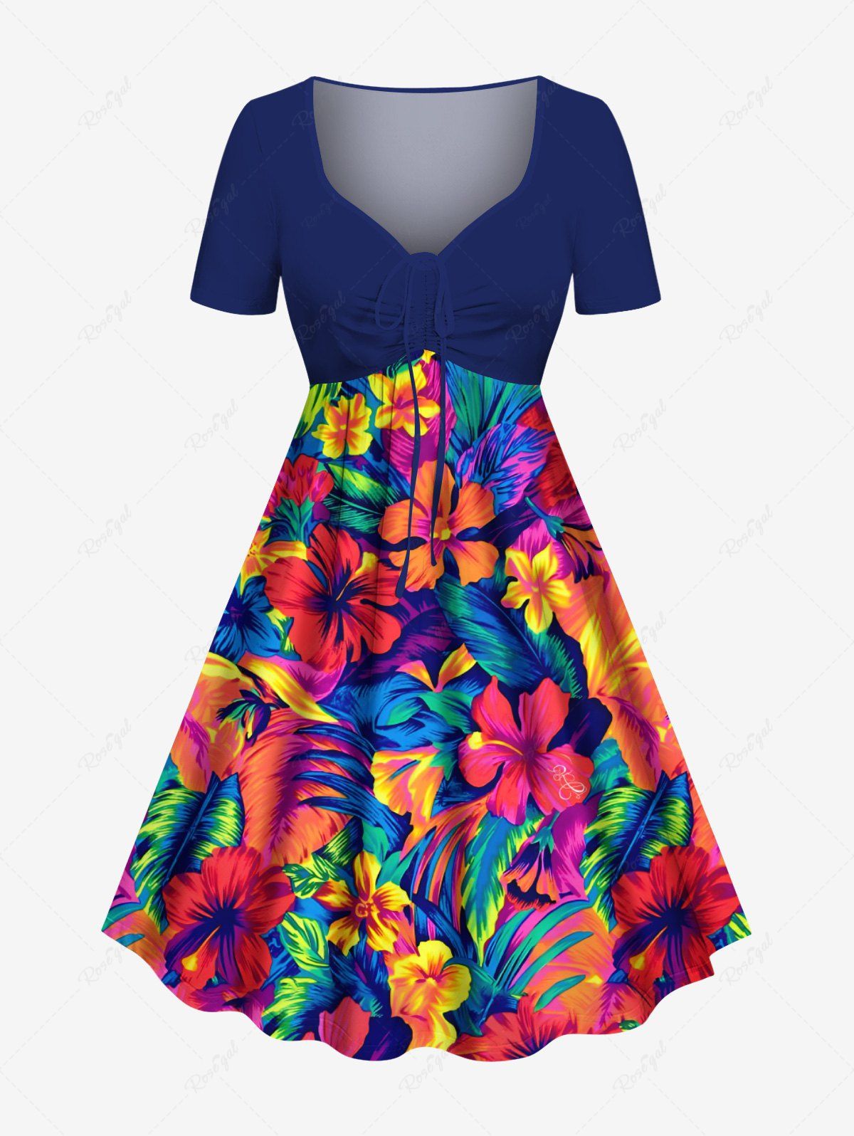 Trendy Plus Size Tropical Leaf Hibiscus Flower Print Cinched Hawaii Dress  