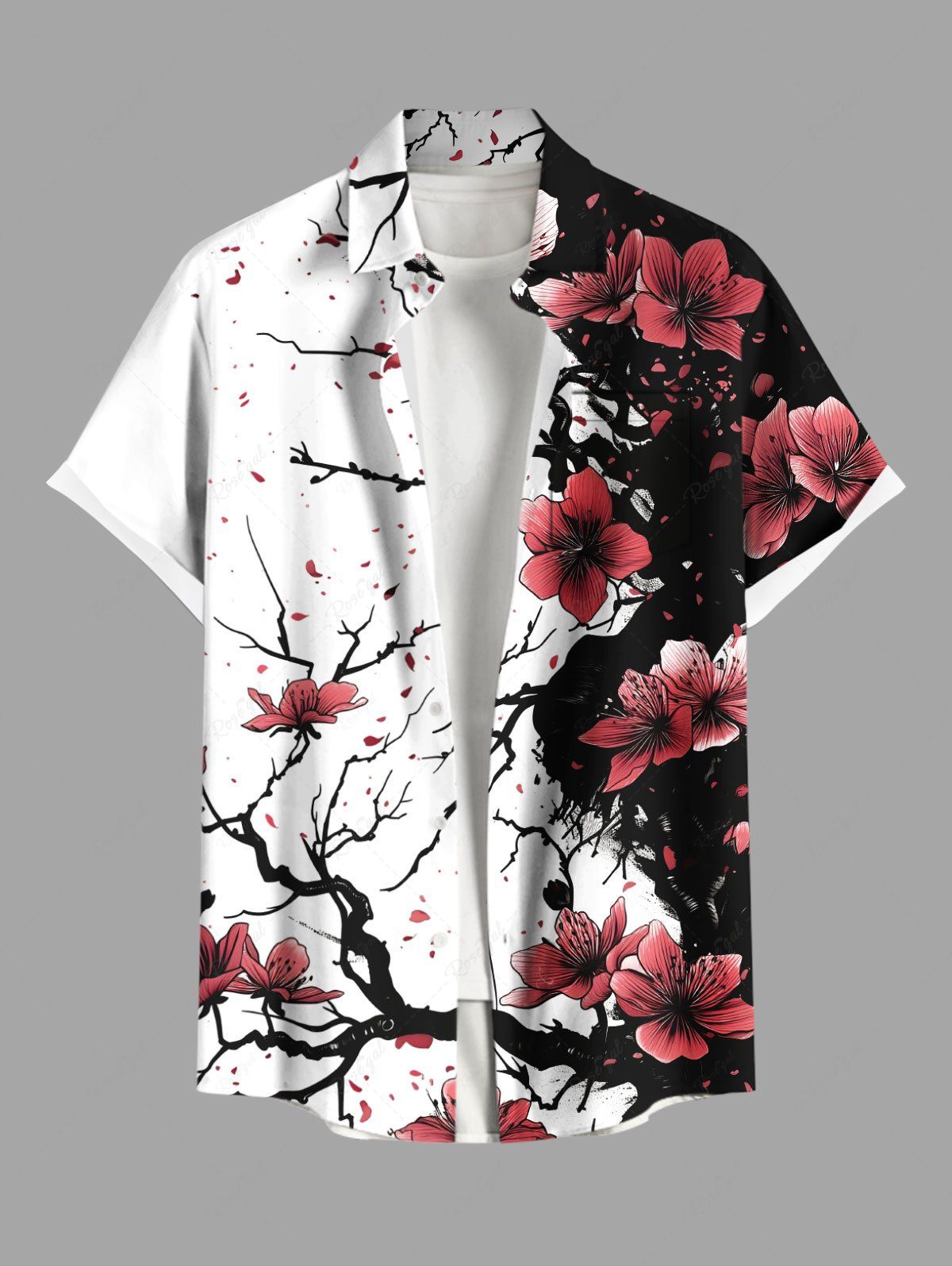 Hot Plus Size Ink Painting Peach Blossom Flower Branch Print Buttons Pocket Hawaii Shirt For Men  