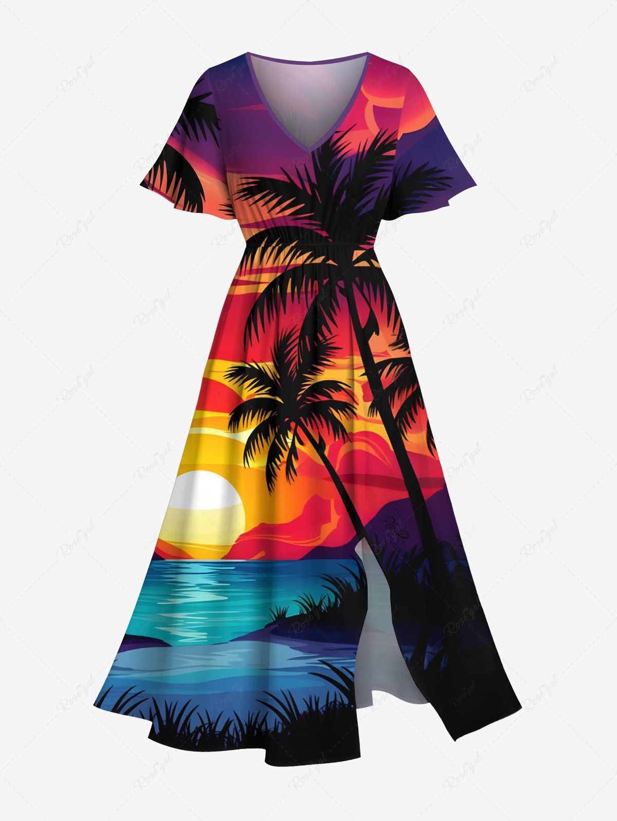 Shop Plus Size Coconut Tree Sun Seascape Cloud Print Split Hawaii Midi Dress  
