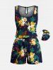 Ensemble chemise et barboteuse hawaïennes assorties, grande taille, tenue de plage, imprimé feuilles tropicales et hibiscus, pour couples - Noir 