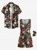 Ensemble chemise et barboteuse hawaïennes assorties, grande taille, tenue de plage, imprimé feuilles tropicales et hibiscus, pour couples - Noir 