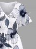 Robe mi-longue trapèze hawaïenne grande taille à imprimé fleurs d'hibiscus, feuilles et branches - Blanc 4X
