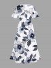 Robe mi-longue trapèze hawaïenne grande taille à imprimé fleurs d'hibiscus, feuilles et branches - Blanc 4X