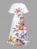 Plus Size Colorful Floral Leave Branch Print Hawaii Split Pocket A Line Midi Dress -  
