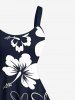 Plus Size Tropical Leaves Hibiscus Floral Two Tone Print Hawaii A Line Tank Dress -  