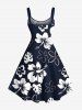 Plus Size Tropical Leaves Hibiscus Floral Two Tone Print Hawaii A Line Tank Dress -  