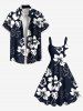 Plus Size Tropical Leaves Hibiscus Floral Two Tone Print Hawaii A Line Tank Dress -  