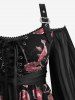Plus Size Cold Shoulder Flare Sleeves Rose Flower Print Lace Up Belted 2 in 1 Top -  