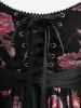 Plus Size Cold Shoulder Flare Sleeves Rose Flower Print Lace Up Belted 2 in 1 Top -  