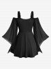 Plus Size Cold Shoulder Flare Sleeves Rose Flower Print Lace Up Belted 2 in 1 Top -  