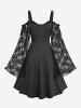 Plus Size Ruched Heart Buckle Ruffles Cold Shoulder Floral Lace Flare Sleeves Dress -  