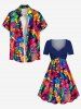 Robe hawaïenne cintrée grande taille à imprimé feuilles tropicales et fleurs d'hibiscus - Bleu 4X