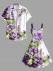Plus Size Tropical Leaf Hibiscus Flowers Colorblock Print Hawaii Tank Dress -  