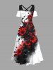 Plus Size Ink Painting Flowers Leaf Print Cold Shoulder Crisscross Hawaii Maxi Dress -  