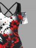 Plus Size Ink Painting Flowers Leaf Print Cold Shoulder Crisscross Hawaii Maxi Dress -  