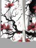 Plus Size Ink Painting Peach Blossom Flower Branch Print Buttons Pocket Hawaii Shirt For Men -  