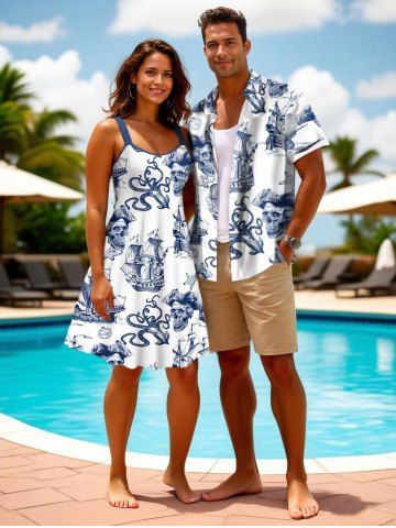 Skull Pirate Octopus Sailboat Cruise Shell Print Plus Size Matching Dress and Shirt Beach Outfit For Couples - WHITE