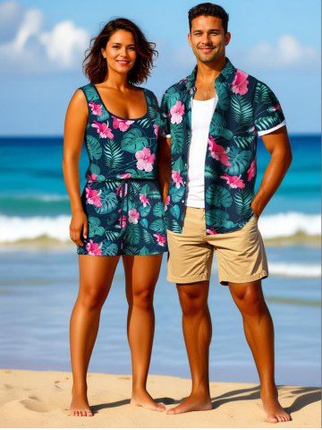 Matching Hawaii Shirt and Romper Plus Size Beach Outfit Tropical Leaf Hibiscus Printed for Couples - GREEN