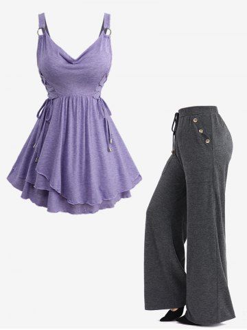 O-Ring Lace Up Ruffles Marled Top and Mock Buttons Pocket Drawstring Wide Leg Pants Plus Size Outfit - PURPLE