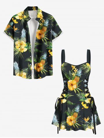 Tenue de plage hawaïenne assortie à imprimé feuilles tropicales, hibiscus, fleurs et ananas pour couples