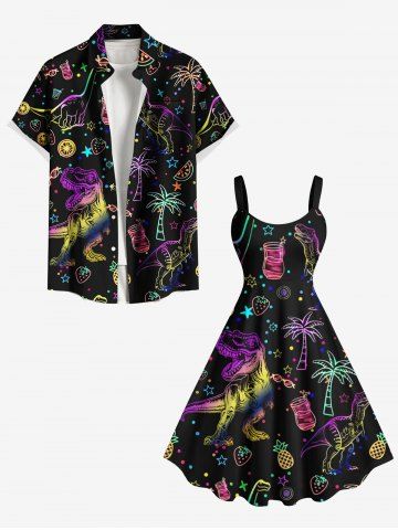 Colorful Ombre Dinosaur Coconut Tree Pineapple Juice Strawberry Print Plus Size Matching Hawaii Beach Outfit For Couples