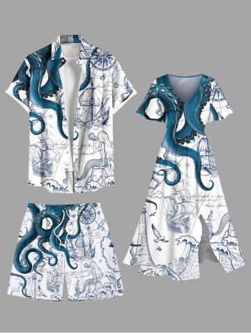 Octopus Mermaid Boat Cruise Print Plus Size Matching Outfit For Couples