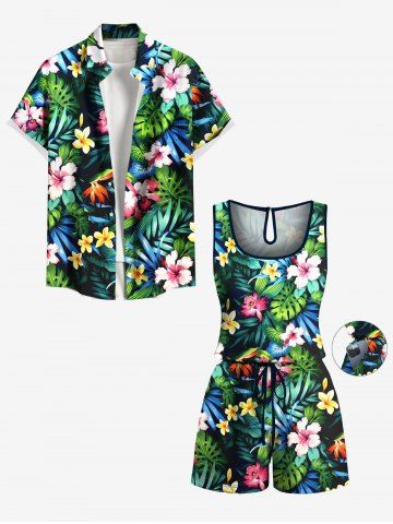 Matching Hawaii Shirt and Romper Plus Size Beach Outfit Tropical Leaf Hibiscus Printed for Couples