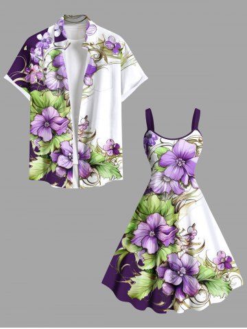 Tropical Leaf Hibiscus Flowers Colorblock Print Plus Size Matching Hawaii Beach Outfit For Couples - PURPLE