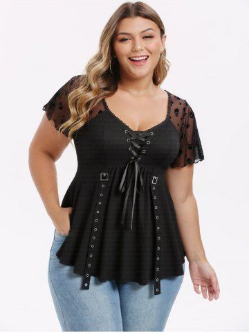 Plus Size Skulls Stars Mesh Flocking Sleeves Lace Up Grommet Buckle Straps Crinkle Top - BLACK - 2X | US 18-20